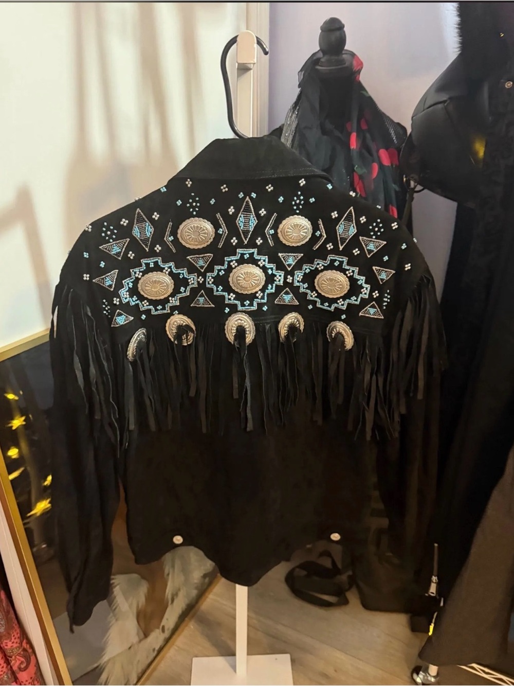 Black Suede Fringe Jacket with Turquoise Embroidery - Picture 2 of 2